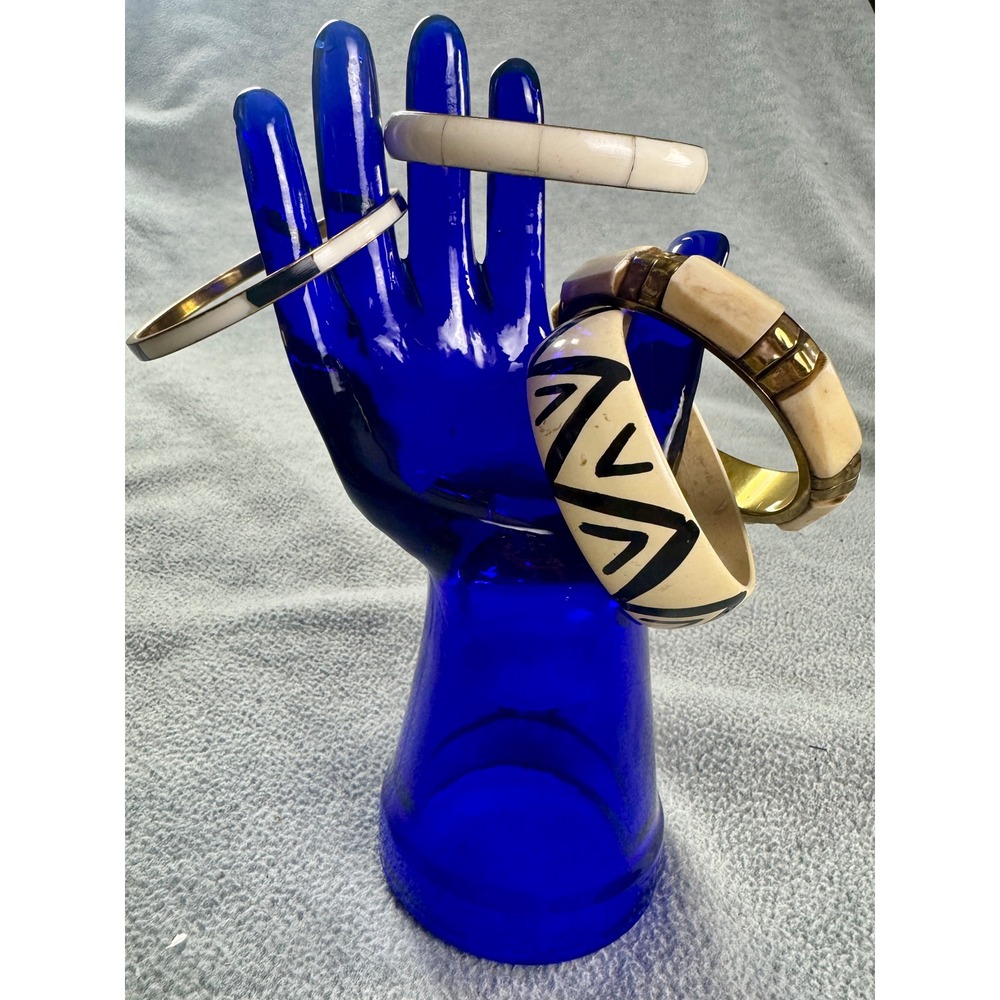 Vintage Boho Bangle Bracelet Set 4‎ Bone Brass Geometric Tribal Cream Gold Black